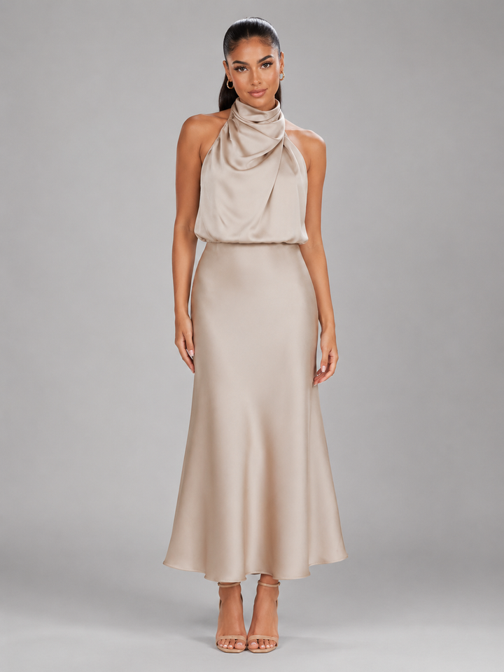Violetta Elegant Satin High Neck Midi Dress - image 16