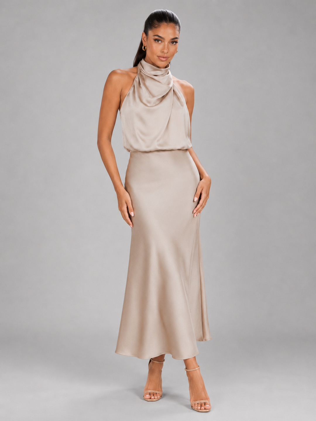 Violetta Elegant Satin High Neck Midi Dress - image 17