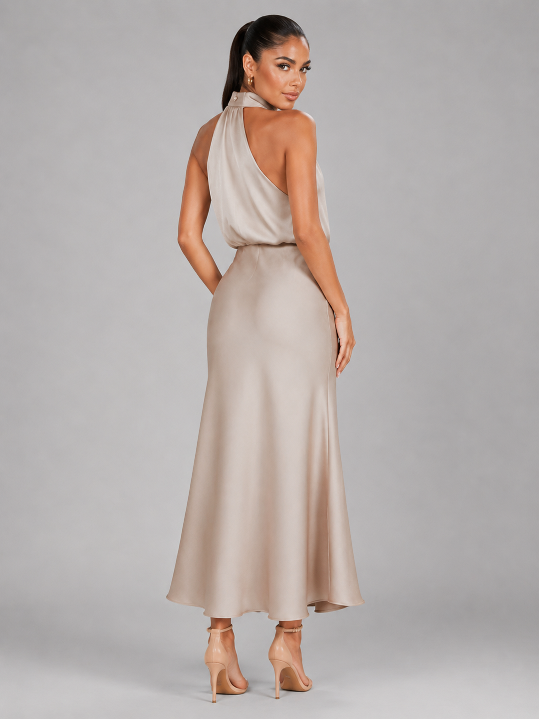 Violetta Elegant Satin High Neck Midi Dress - image 18