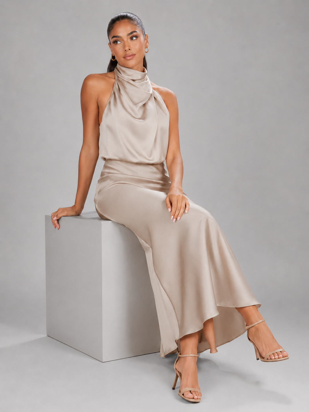 Violetta Elegant Satin High Neck Midi Dress - image 20