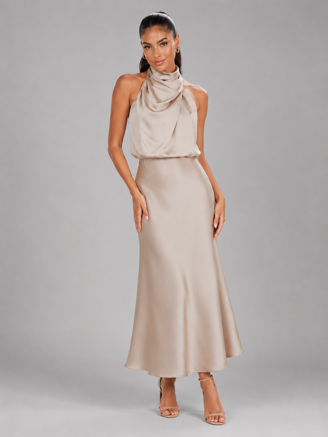Violetta Elegant Satin High Neck Midi Dress - image 21