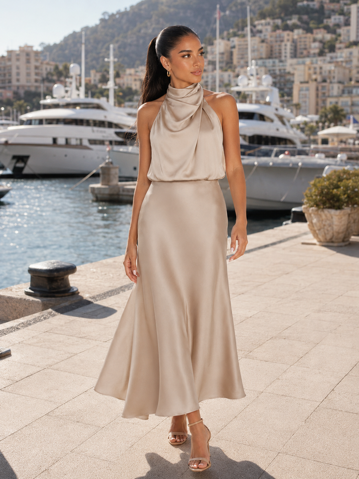 Violetta Elegant Satin High Neck Midi Dress - image 23