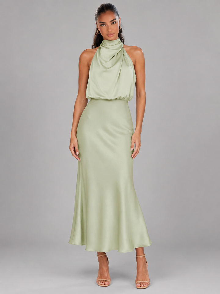 Violetta Elegant Satin High Neck Midi Dress - image 25