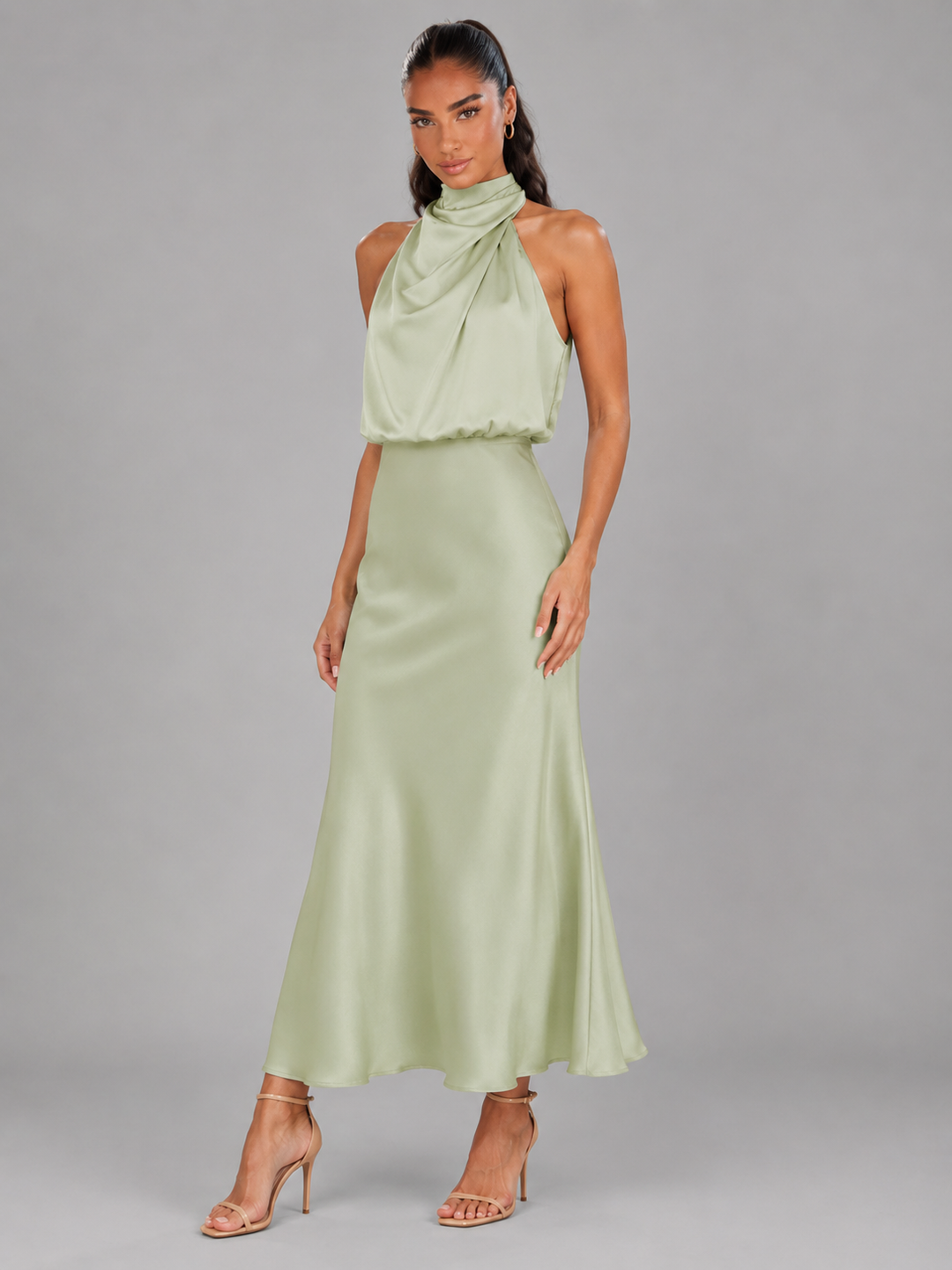 Violetta Elegant Satin High Neck Midi Dress - image 26