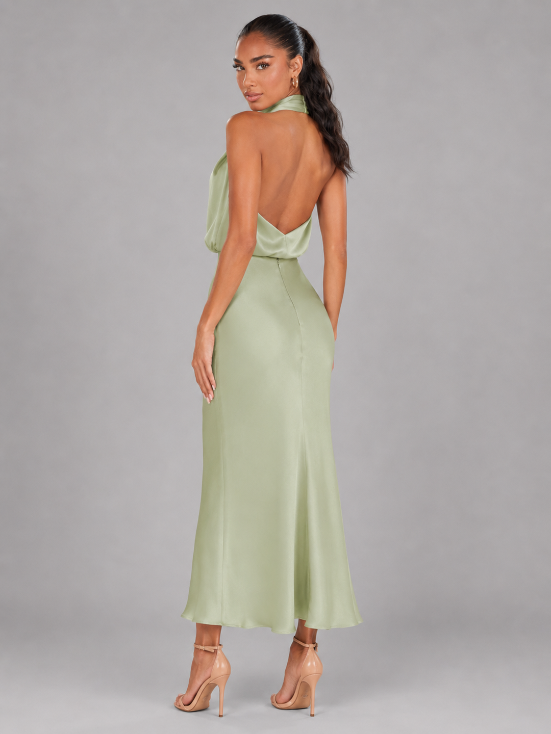 Violetta Elegant Satin High Neck Midi Dress - image 27