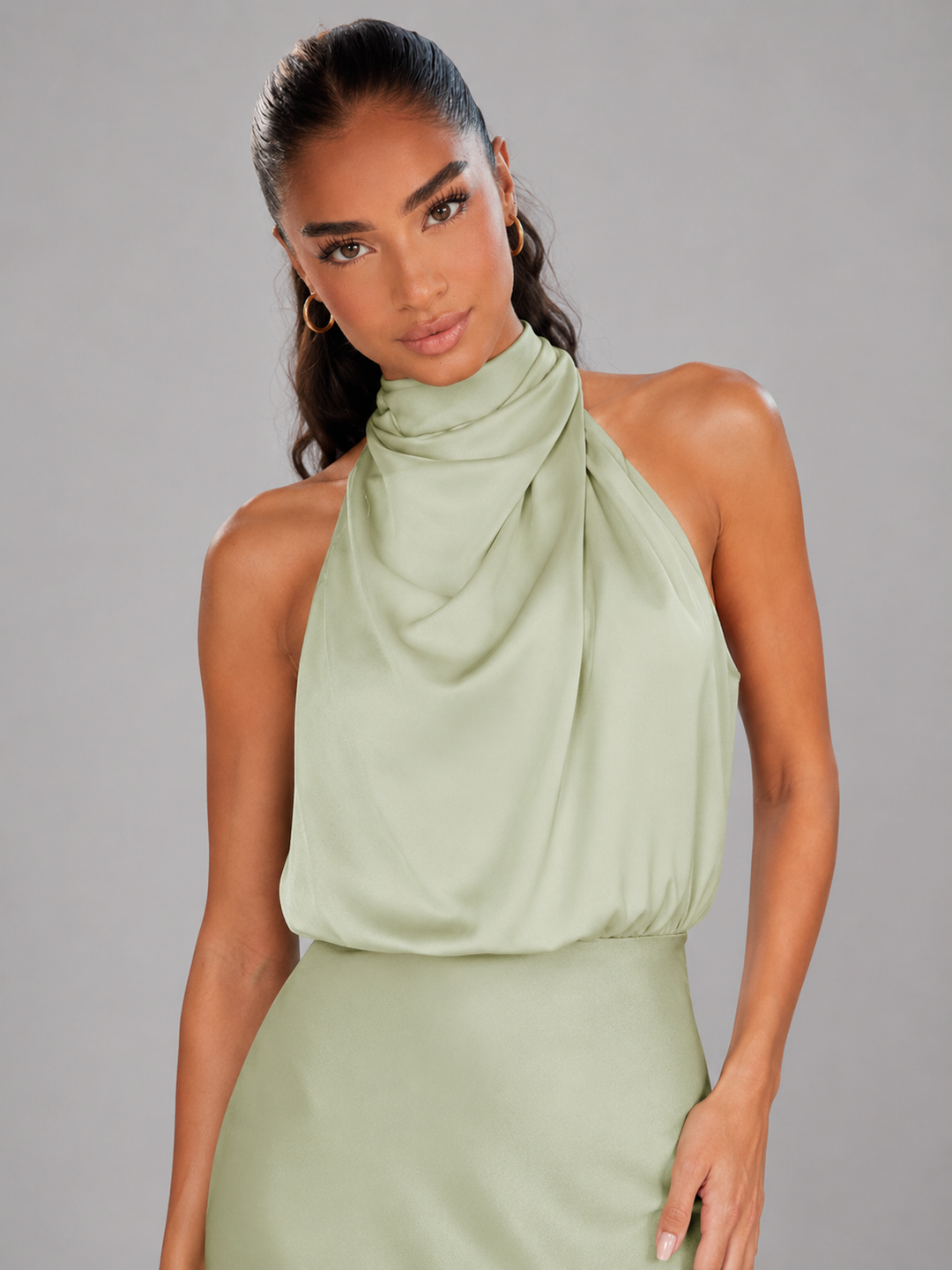 Violetta Elegant Satin High Neck Midi Dress - image 28