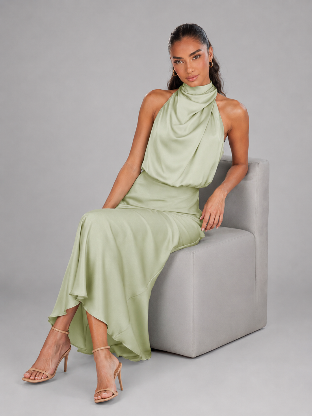 Violetta Elegant Satin High Neck Midi Dress - image 29