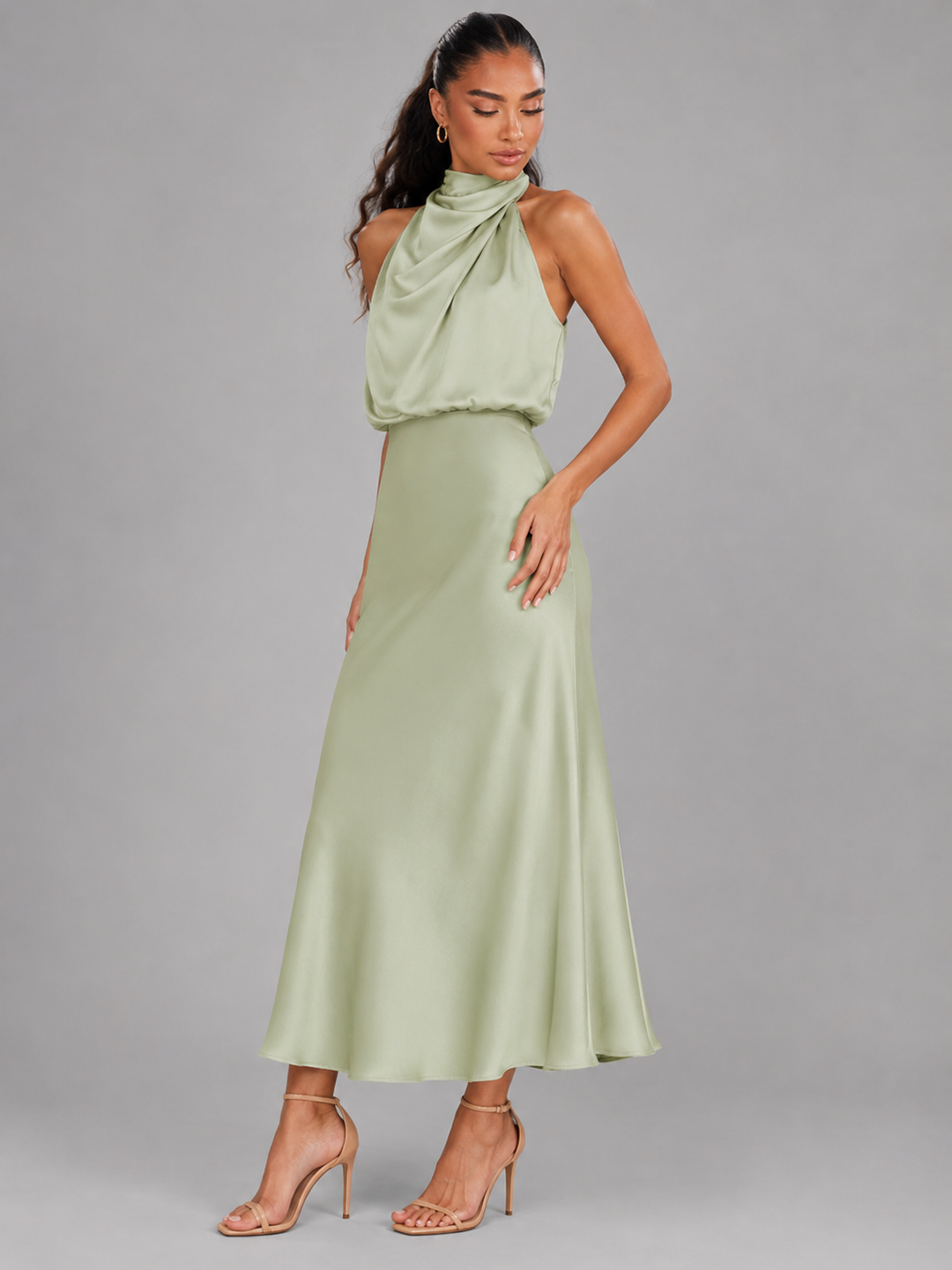 Violetta Elegant Satin High Neck Midi Dress - image 30