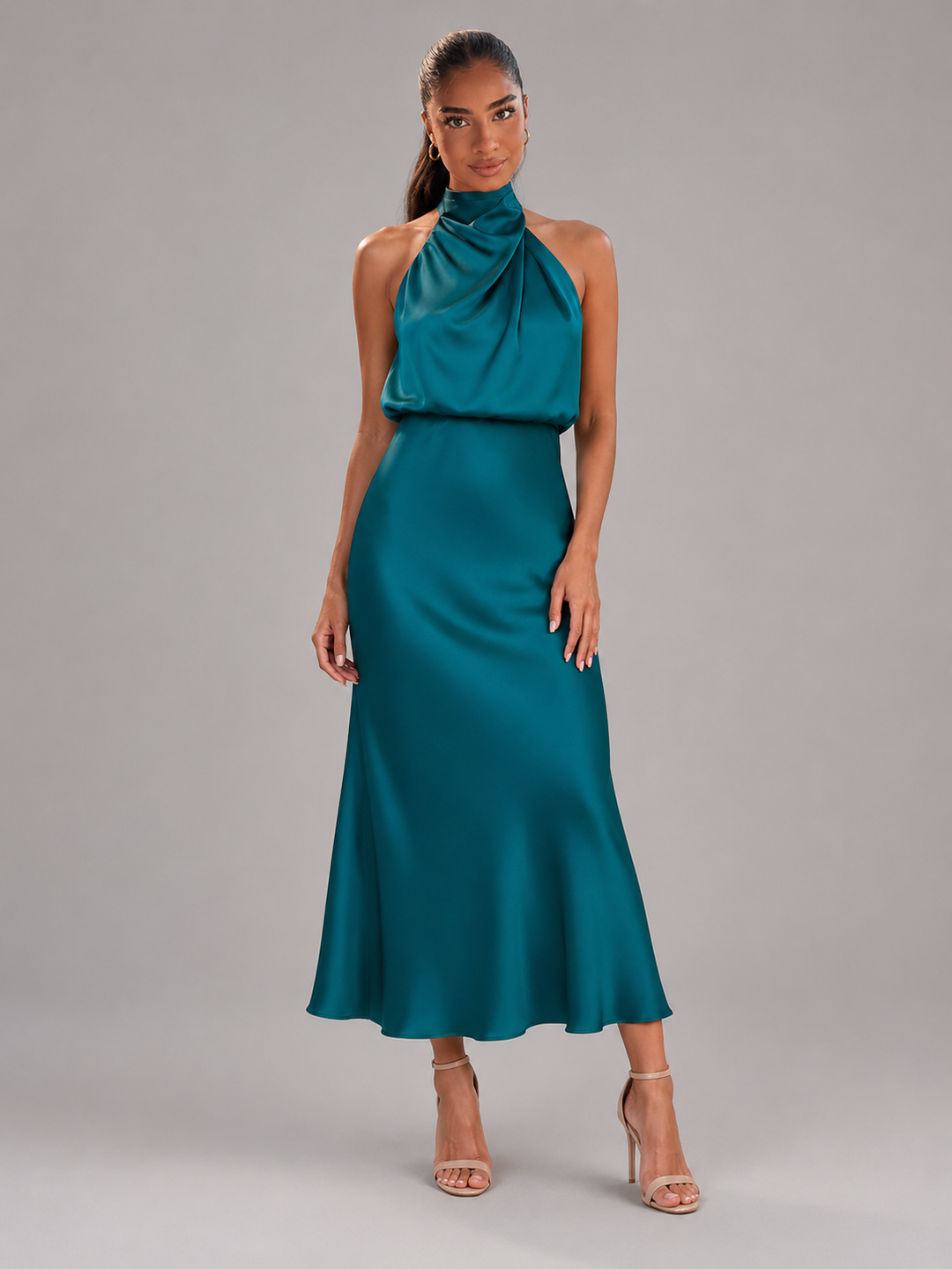 Violetta Elegant Satin High Neck Midi Dress - image 34