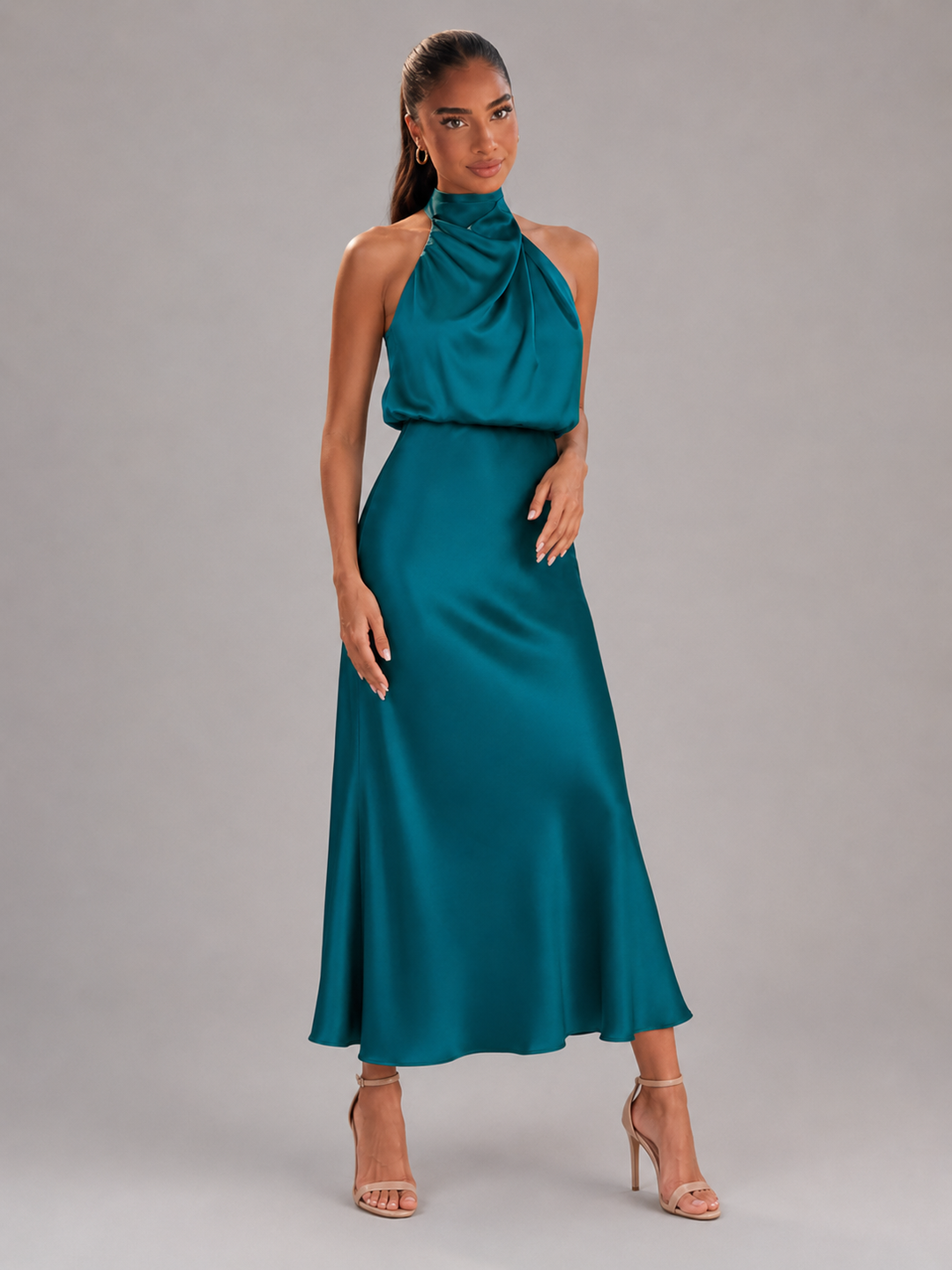 Violetta Elegant Satin High Neck Midi Dress - image 35