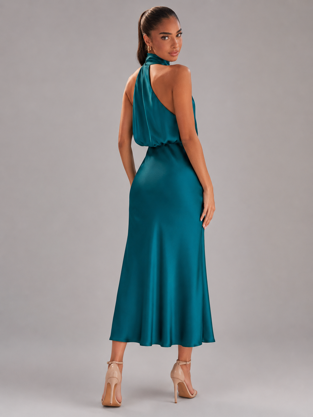 Violetta Elegant Satin High Neck Midi Dress - image 36