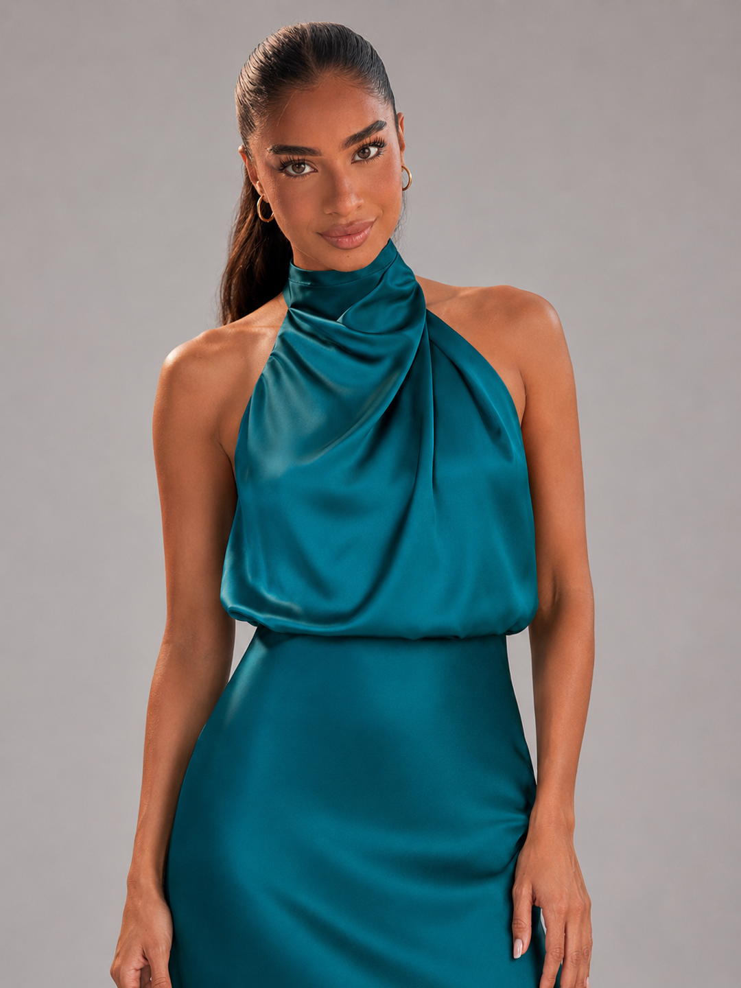 Violetta Elegant Satin High Neck Midi Dress - image 37