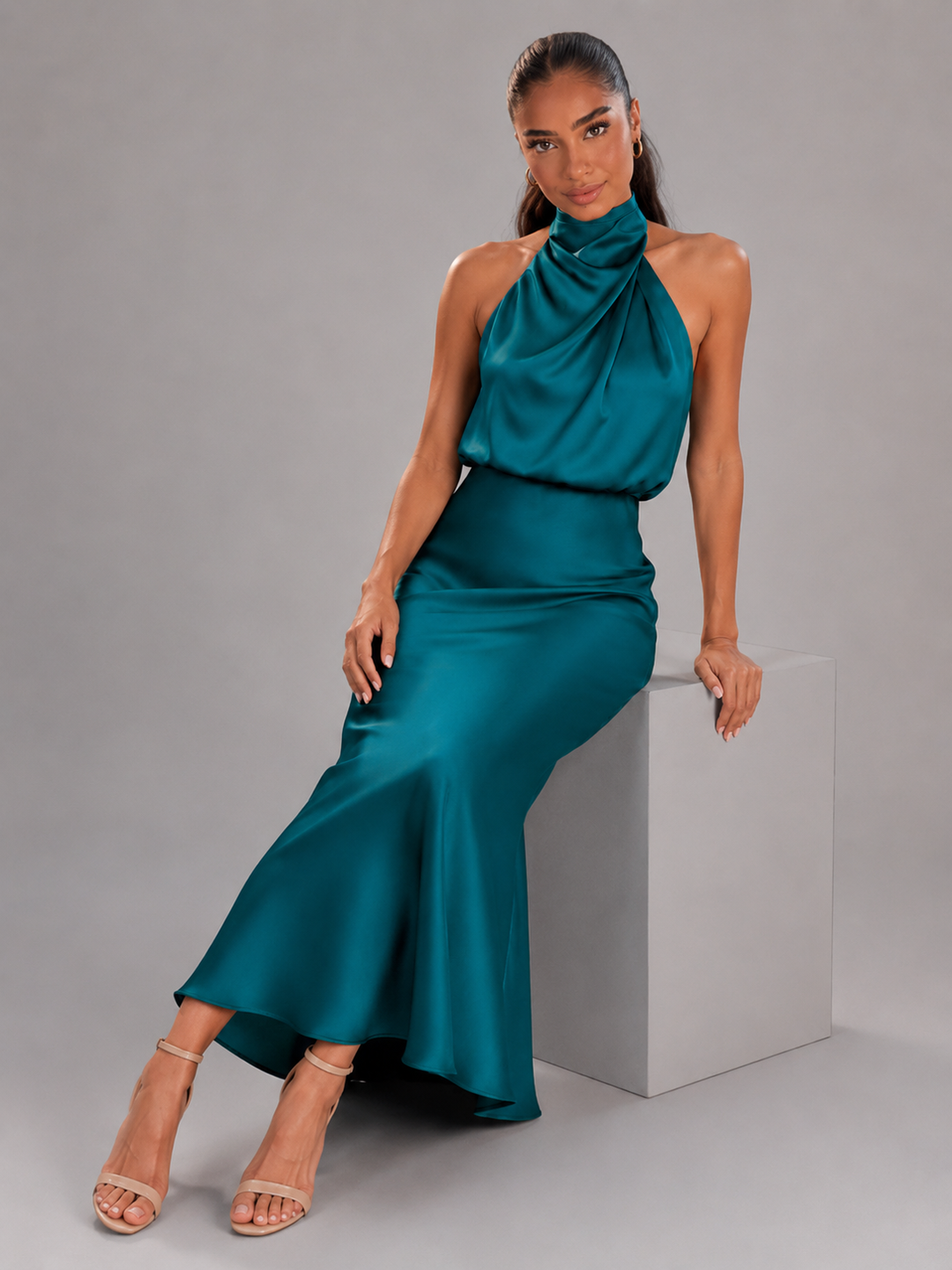Violetta Elegant Satin High Neck Midi Dress - image 38