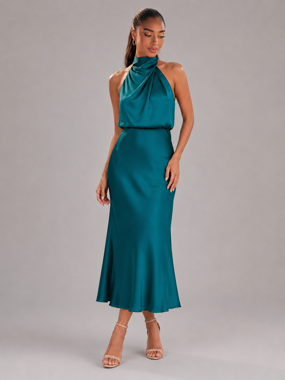 Violetta Elegant Satin High Neck Midi Dress - image 39