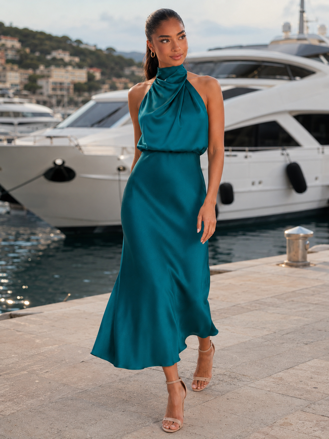 Violetta Elegant Satin High Neck Midi Dress - image 40