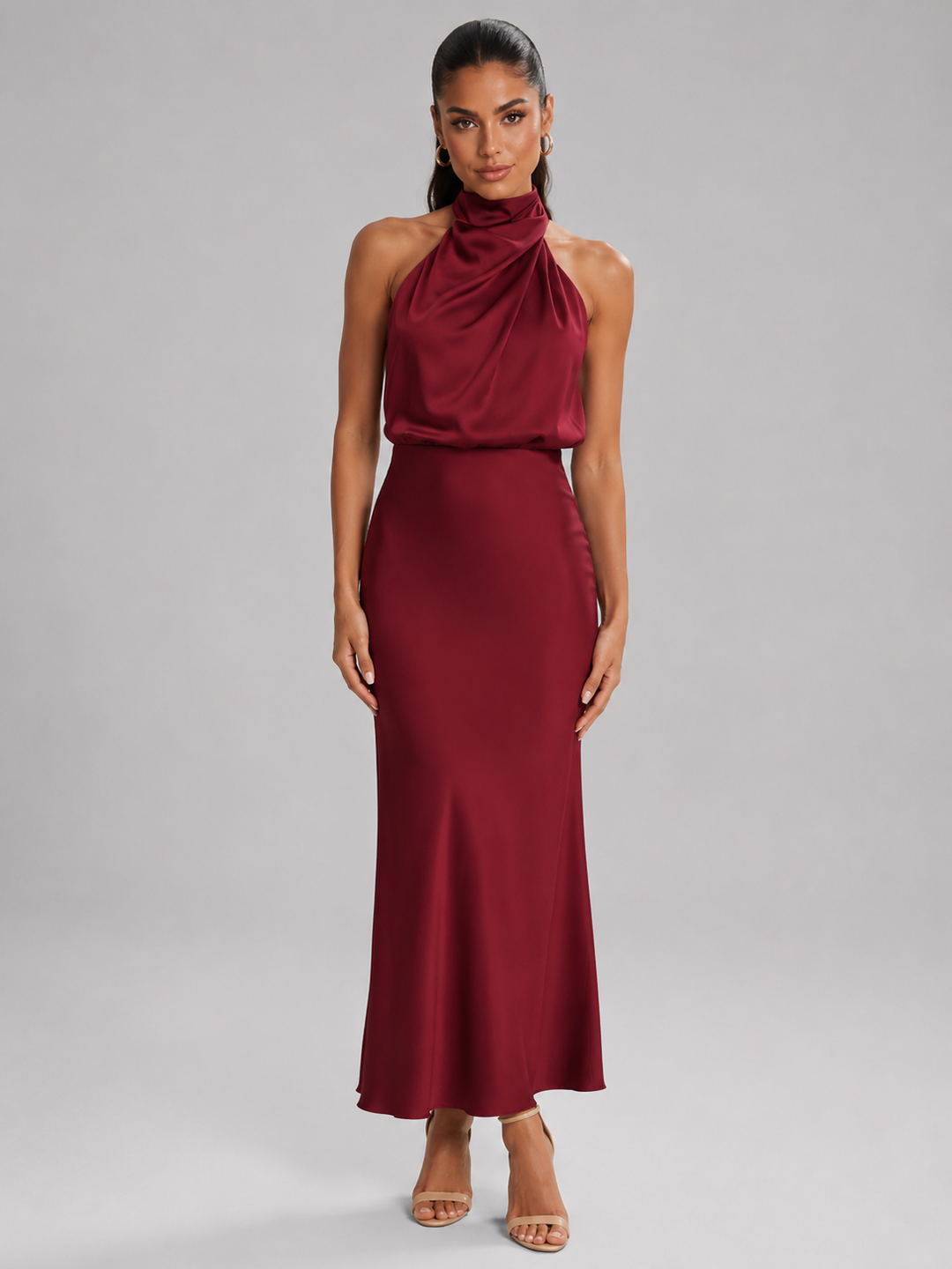 Violetta Elegant Satin High Neck Midi Dress - image 43