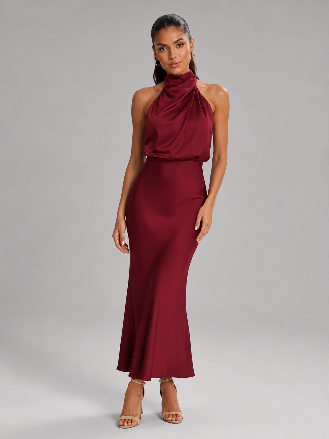 Violetta Elegant Satin High Neck Midi Dress - image 44
