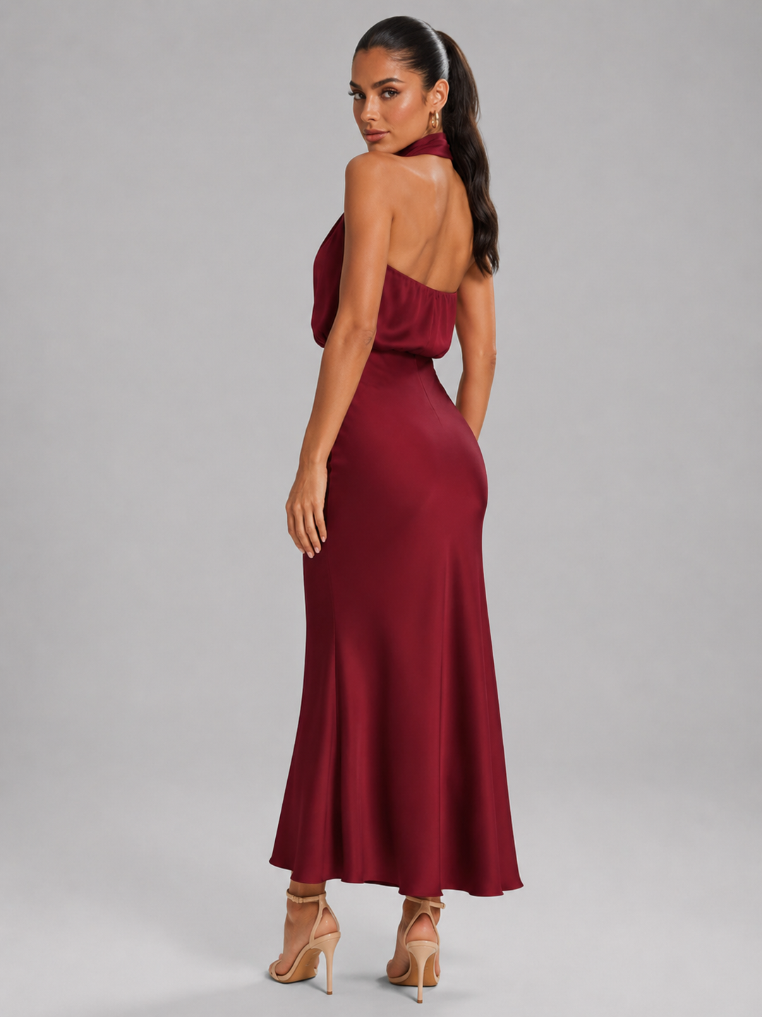 Violetta Elegant Satin High Neck Midi Dress - image 45