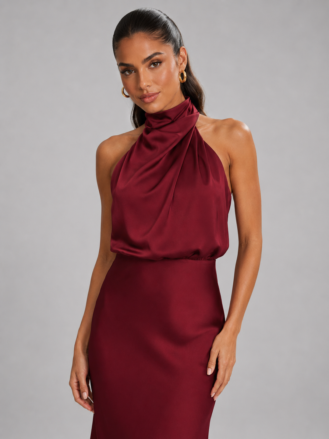 Violetta Elegant Satin High Neck Midi Dress - image 46