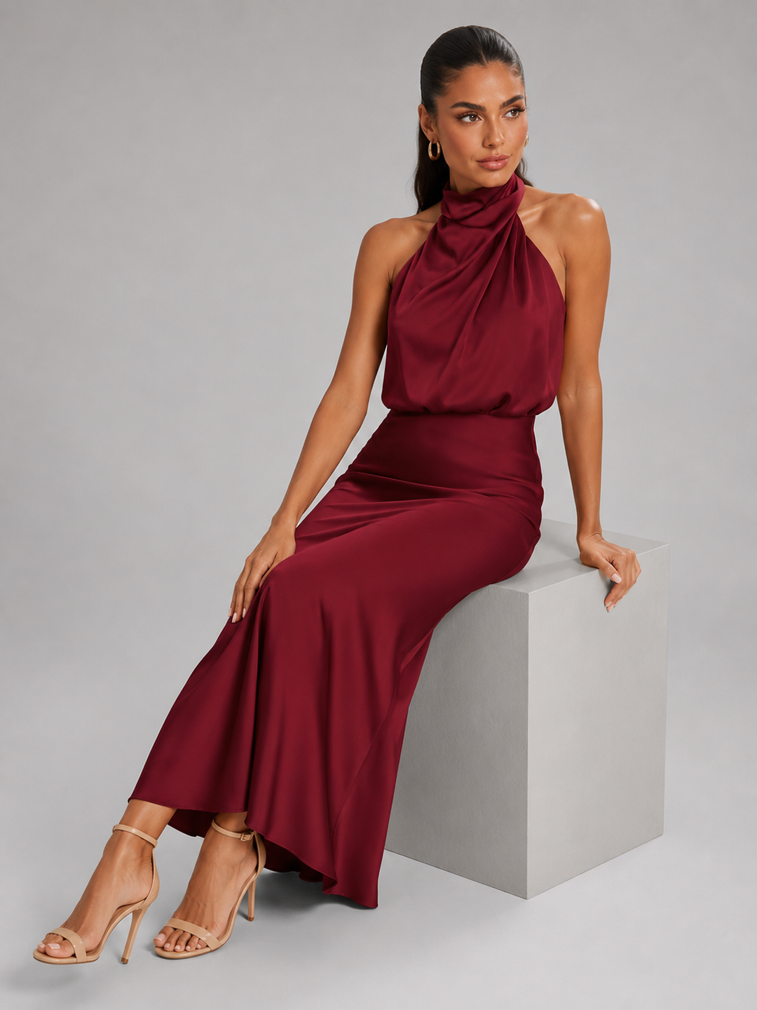 Violetta Elegant Satin High Neck Midi Dress - image 47