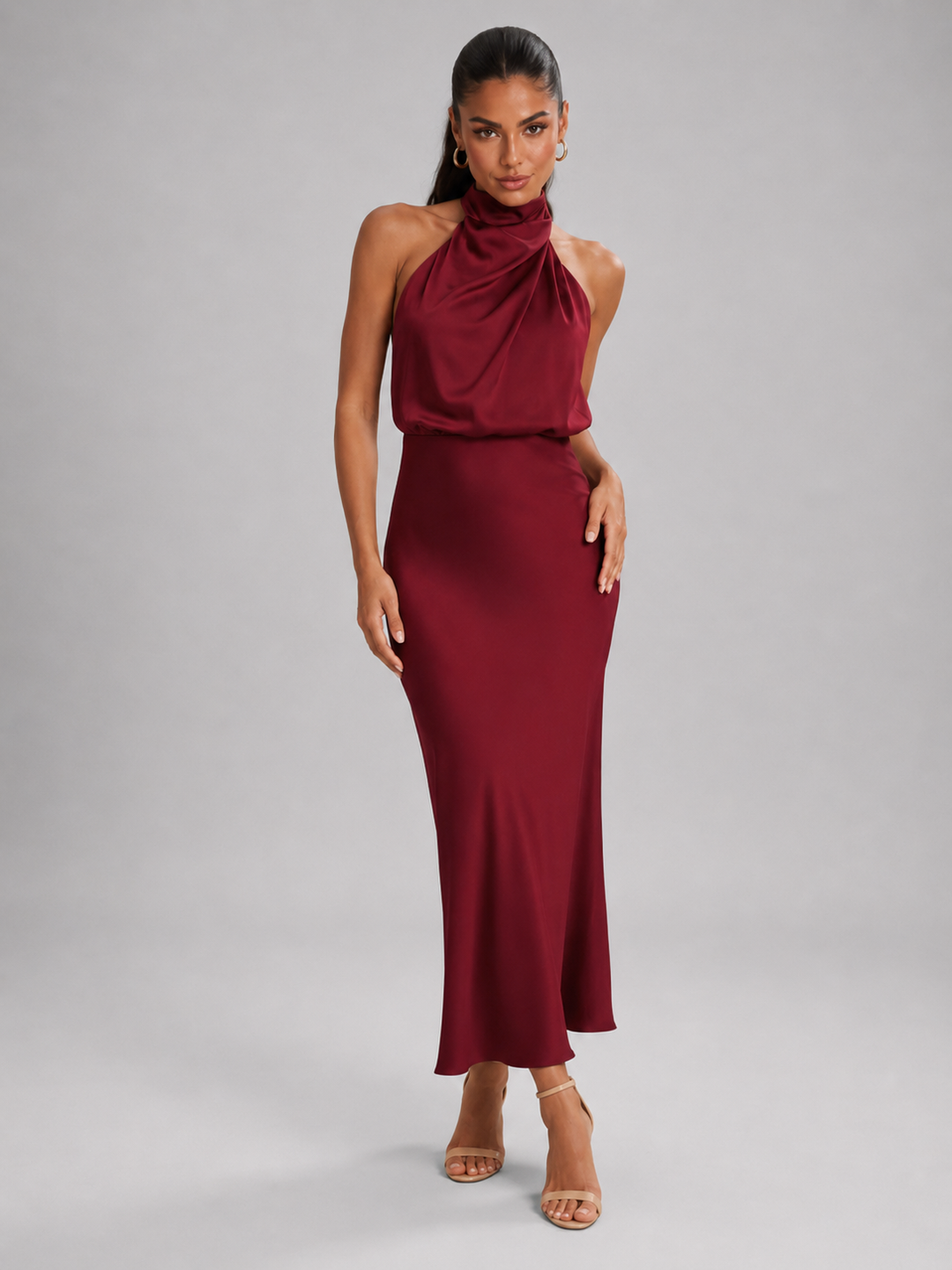 Violetta Elegant Satin High Neck Midi Dress - image 48