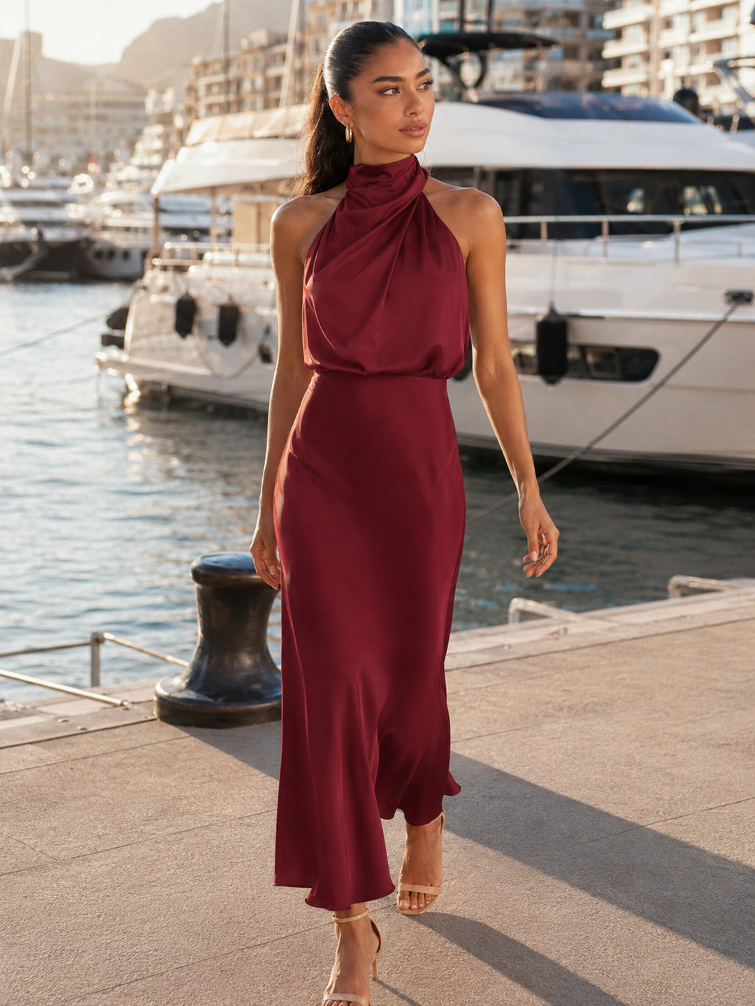 Violetta Elegant Satin High Neck Midi Dress - image 50