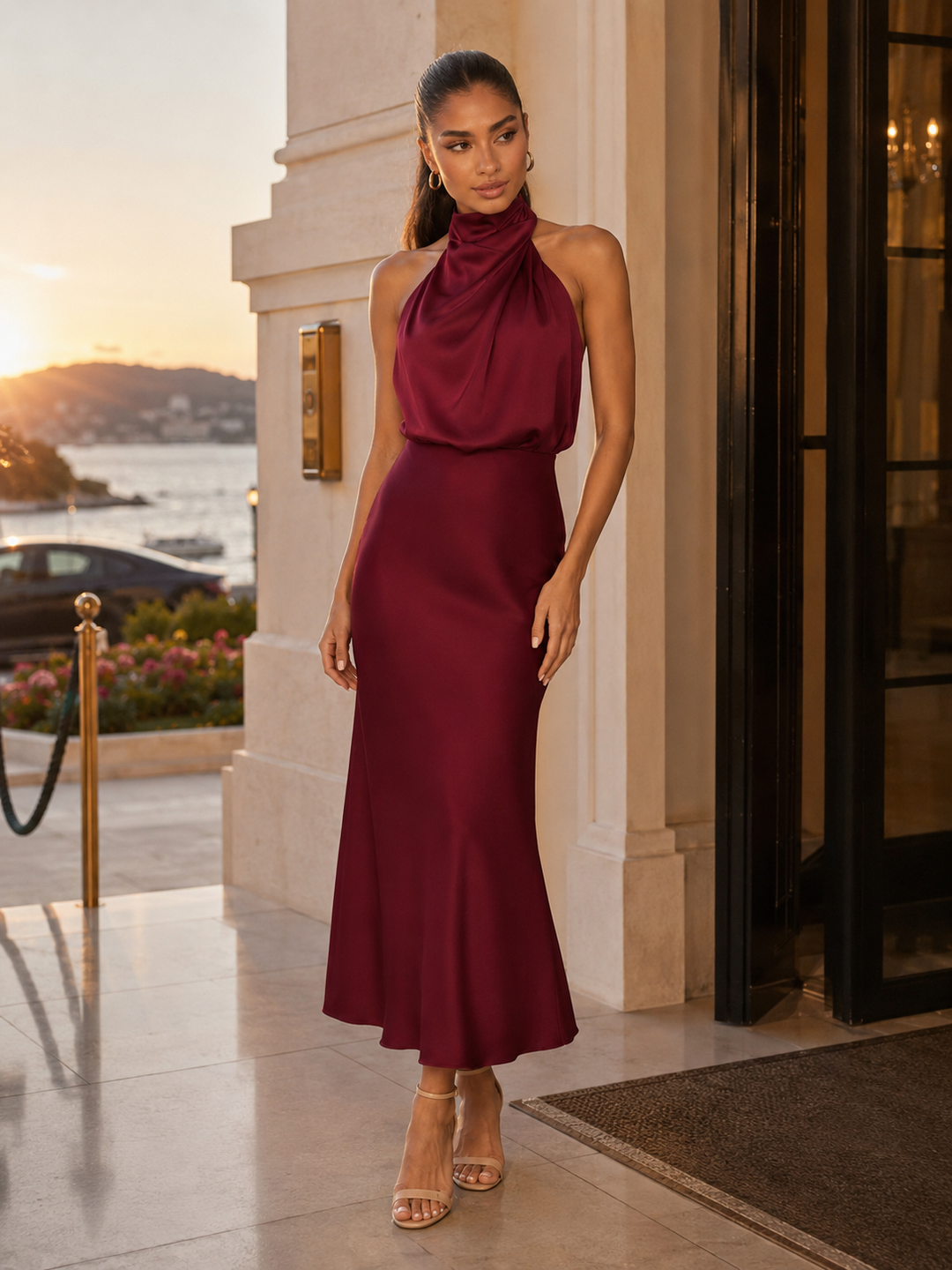 Violetta Elegant Satin High Neck Midi Dress - image 51