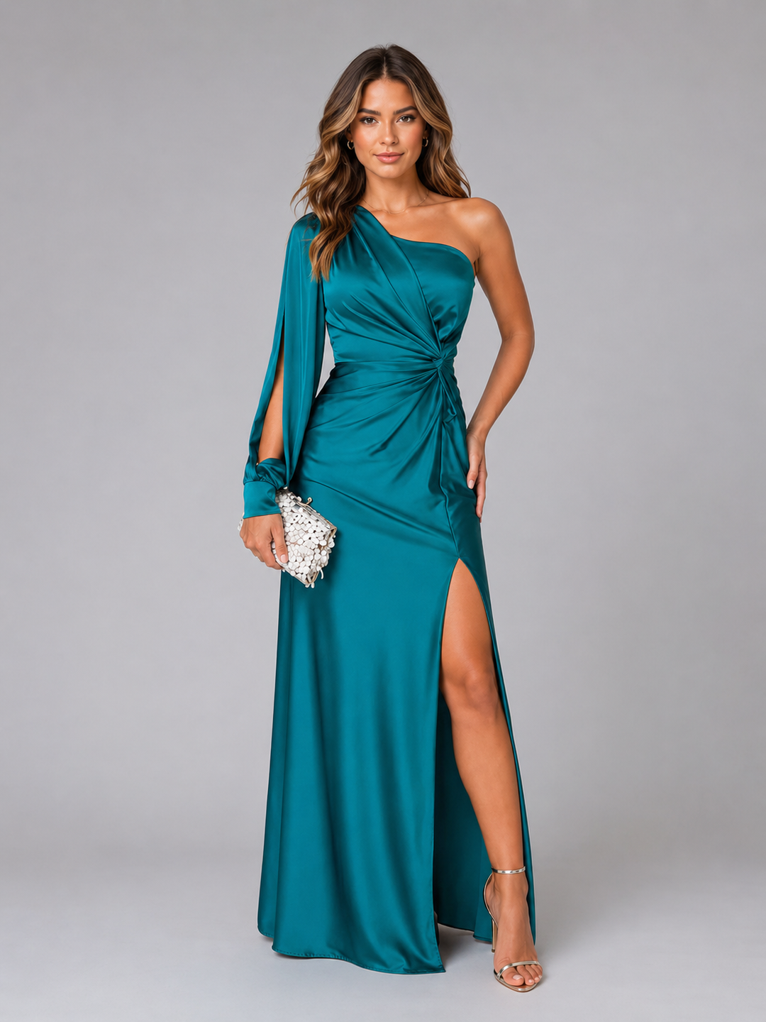 Katrina Elegant One Shoulder Satin Draped Maxi Dress - image 10