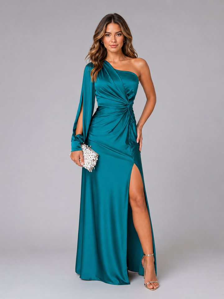 Katrina Elegant One Shoulder Satin Draped Maxi Dress - image 10