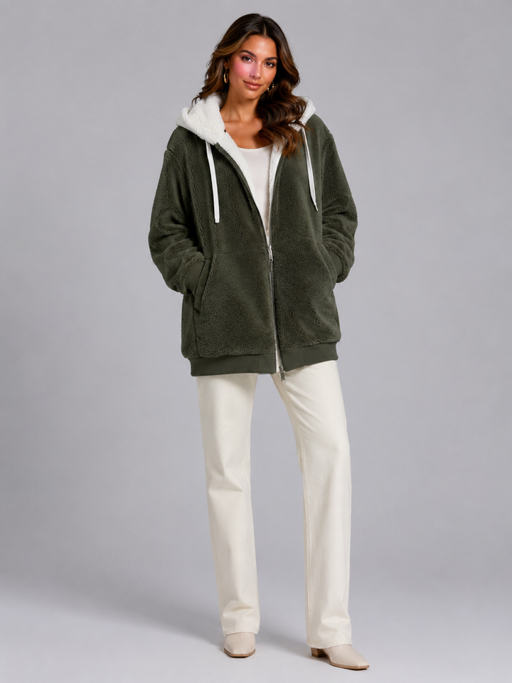 Ramona Elegant Contrast Hood Sherpa Zip Up Jacket - image 11