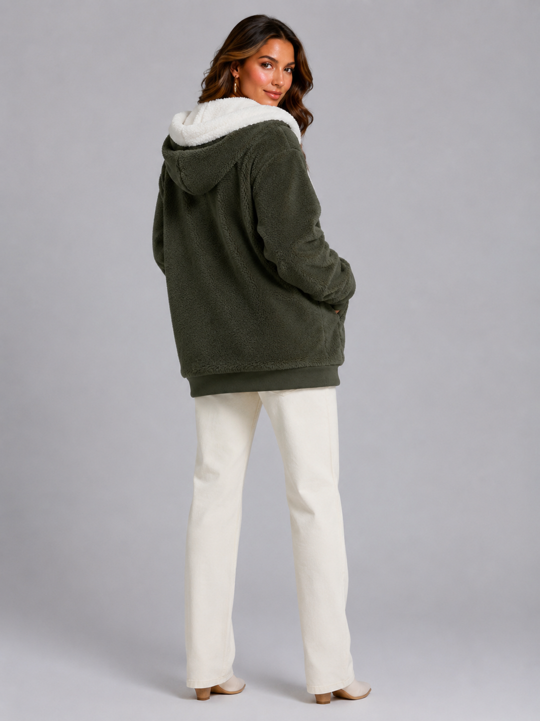 Ramona Elegant Contrast Hood Sherpa Zip Up Jacket - image 12