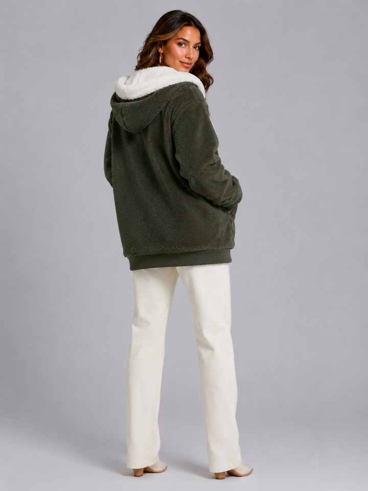 Ramona Elegant Contrast Hood Sherpa Zip Up Jacket - image 12