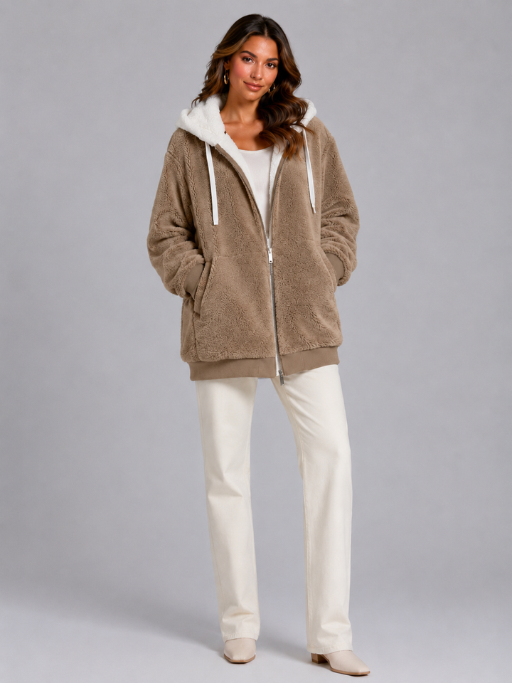 Ramona Elegant Contrast Hood Sherpa Zip Up Jacket - image 16