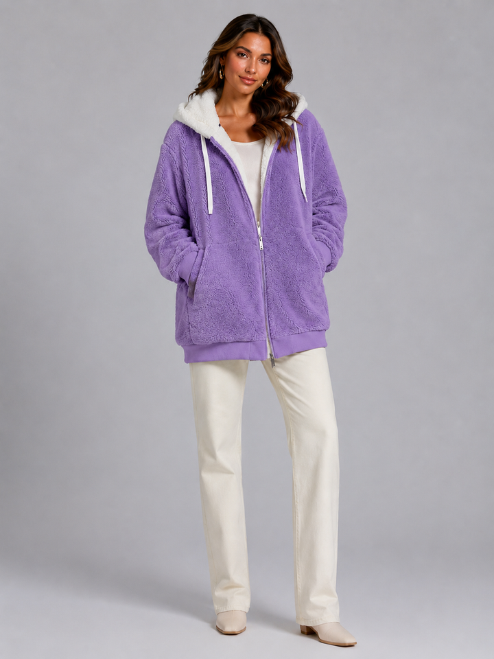 Ramona Elegant Contrast Hood Sherpa Zip Up Jacket - image 17