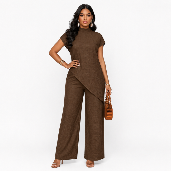 Serafina asymmetric hem top and wide leg trouser set