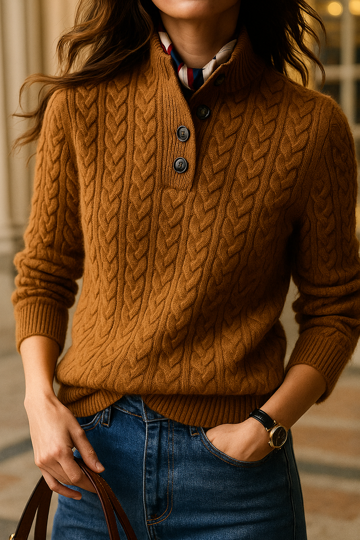 Linde cable knit jumper with button neck – image 2