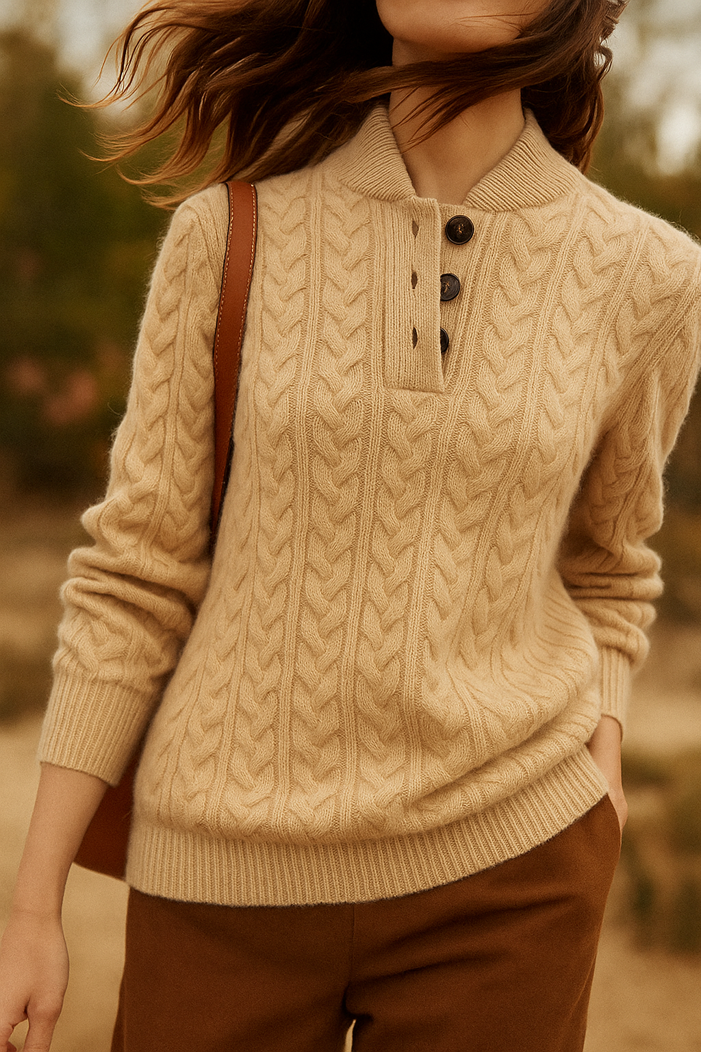 Linde cable knit jumper with button neck – image 6