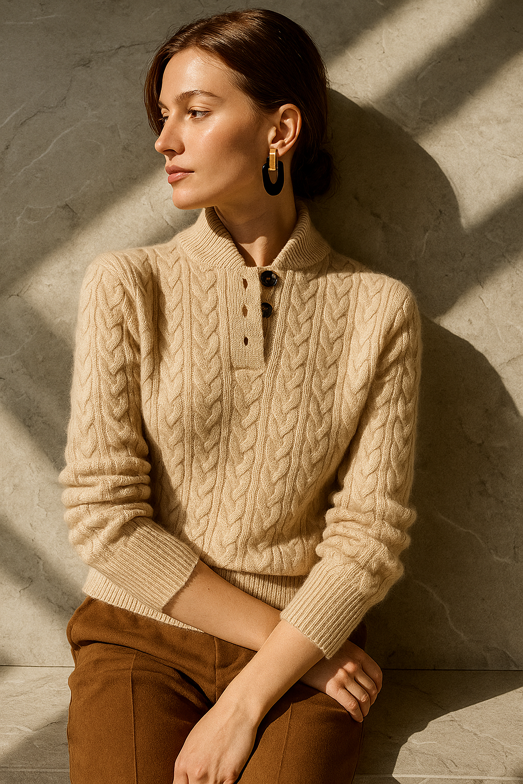 Linde cable knit jumper with button neck – image 7