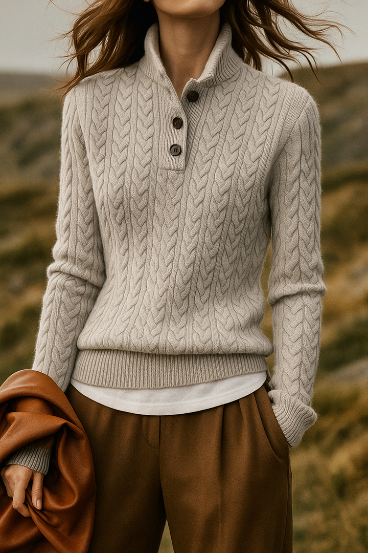Linde cable knit jumper with button neck – image 8