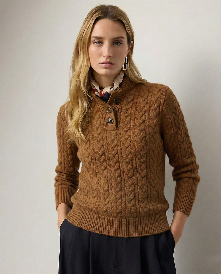 Linde cable knit jumper with button neck