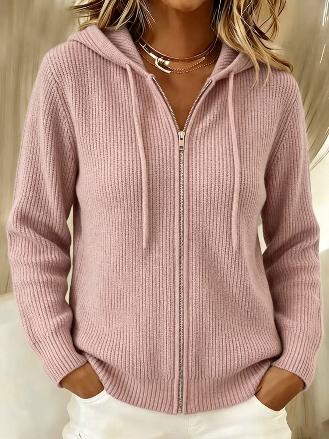Floriana ribbed zip up hooded cardigan