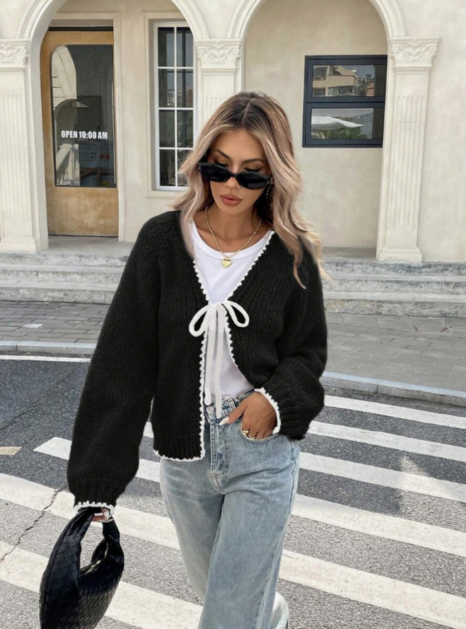 Dagny cropped knit cardigan with bow front