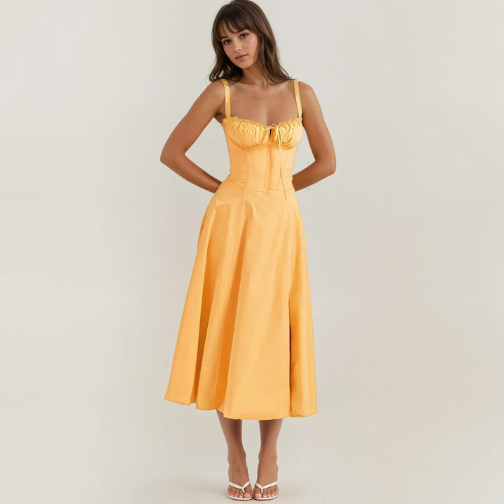 Amandine lace up corset midi dress with a line skirt