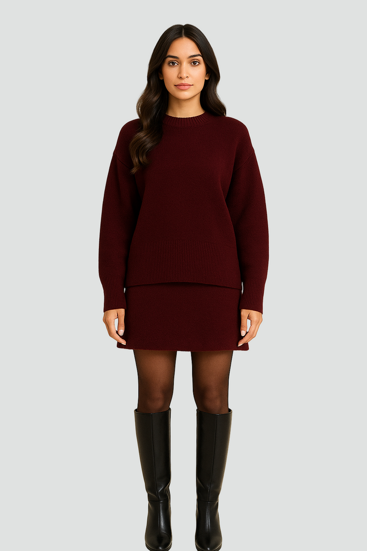 Hanna two piece knit jumper and skirt co-ord set in burgundy