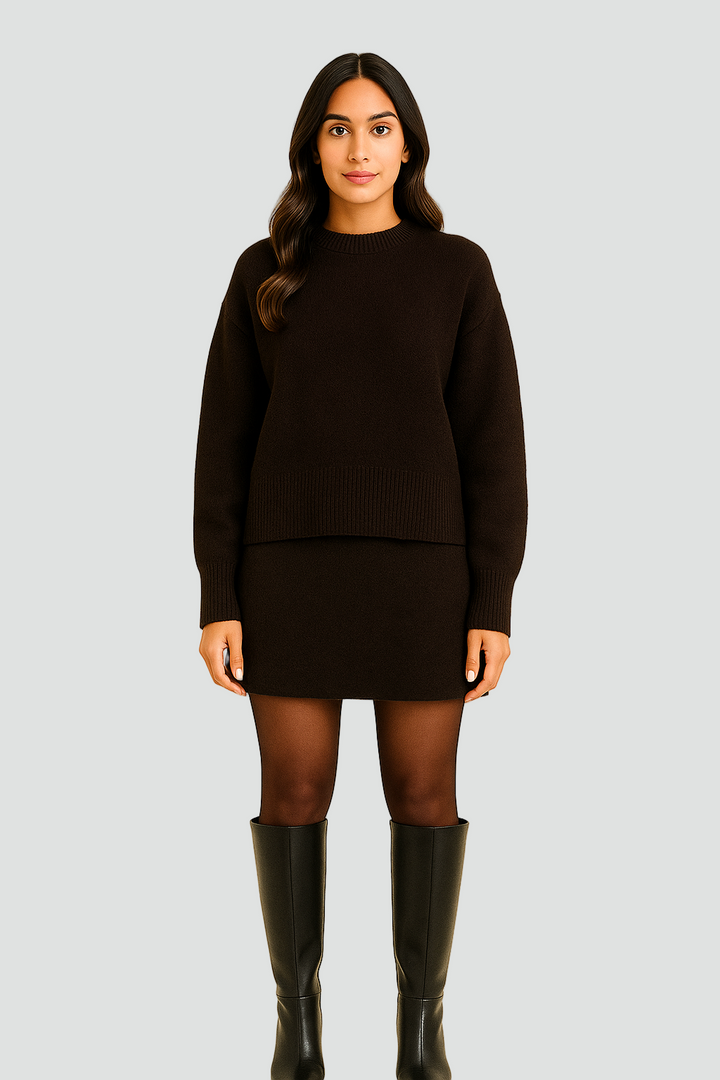 Hanna two piece knit jumper and skirt co-ord set in brown