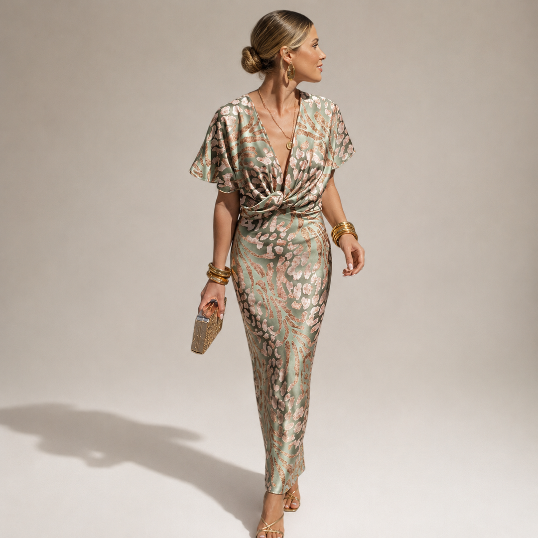 Zaida V neck maxi dress, neckline detail