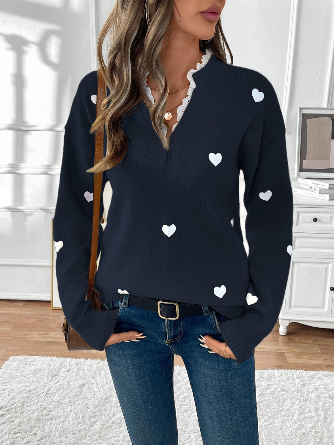 Hester heart print knit jumper with lace V neck – image 11
