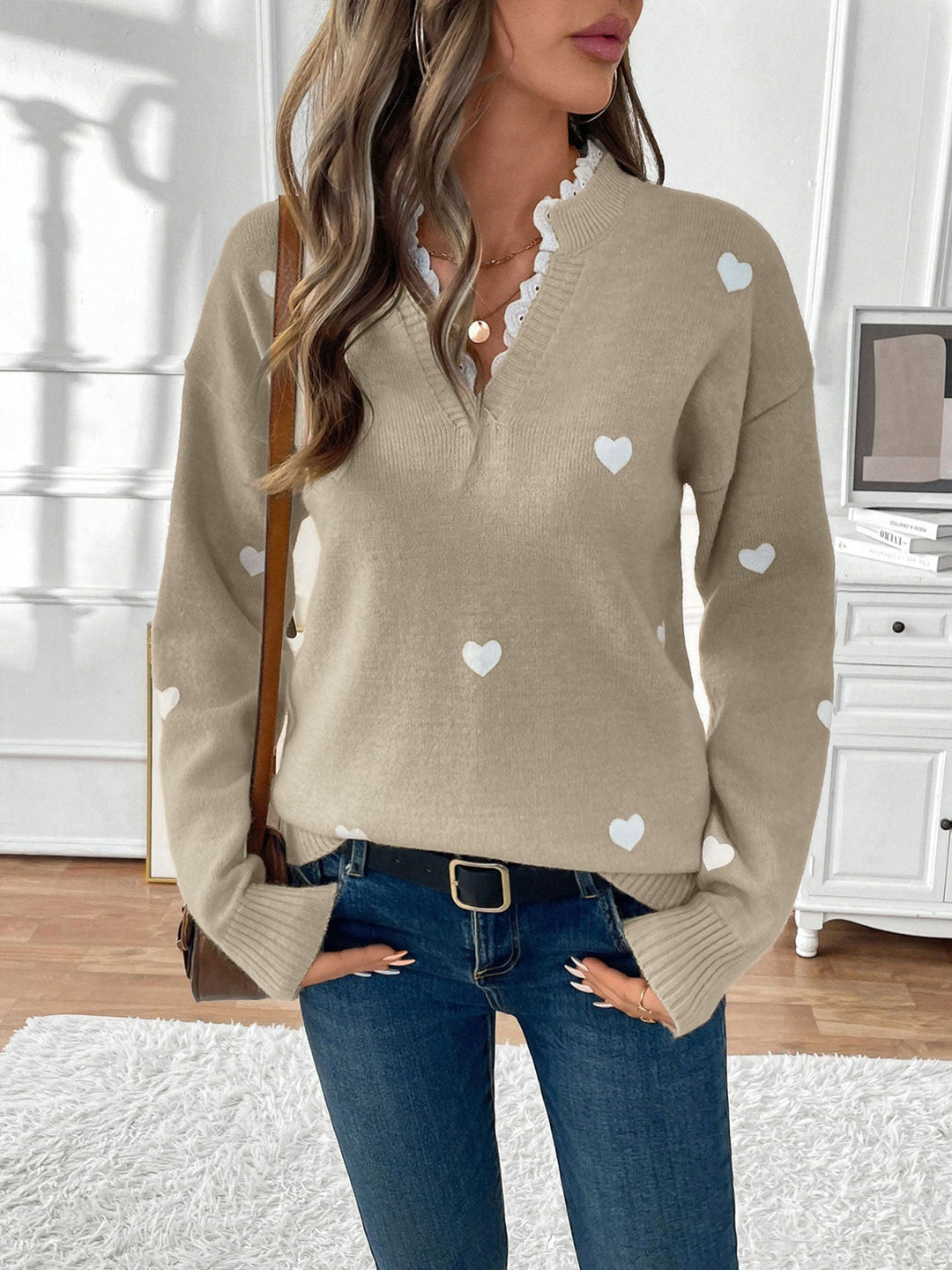 Hester heart print knit jumper with lace V neck – image 15