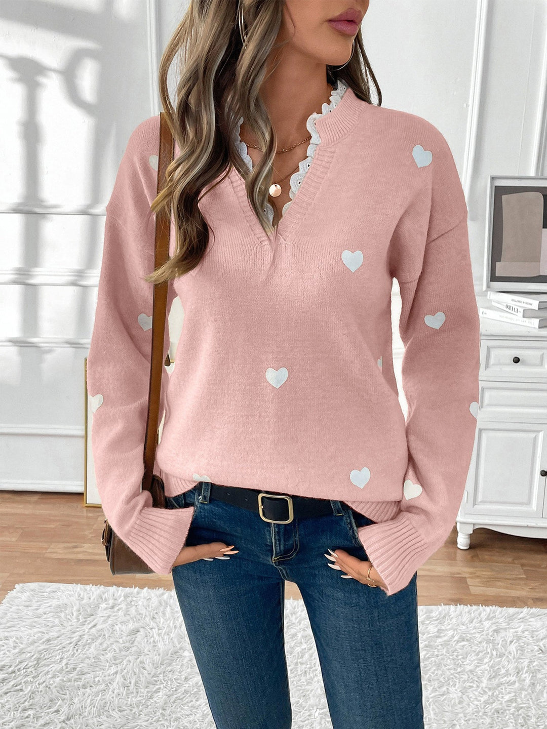 Hester heart print knit jumper with lace V neck – image 2