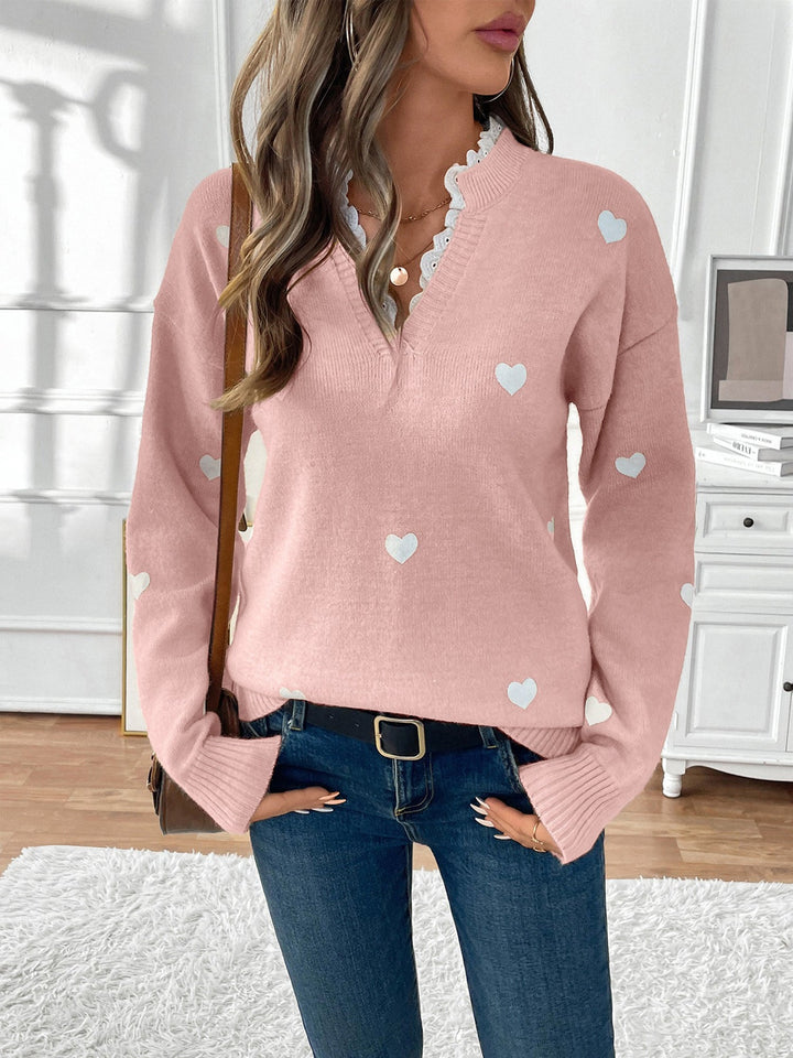 Hester heart print knit jumper with lace V neck – image 2